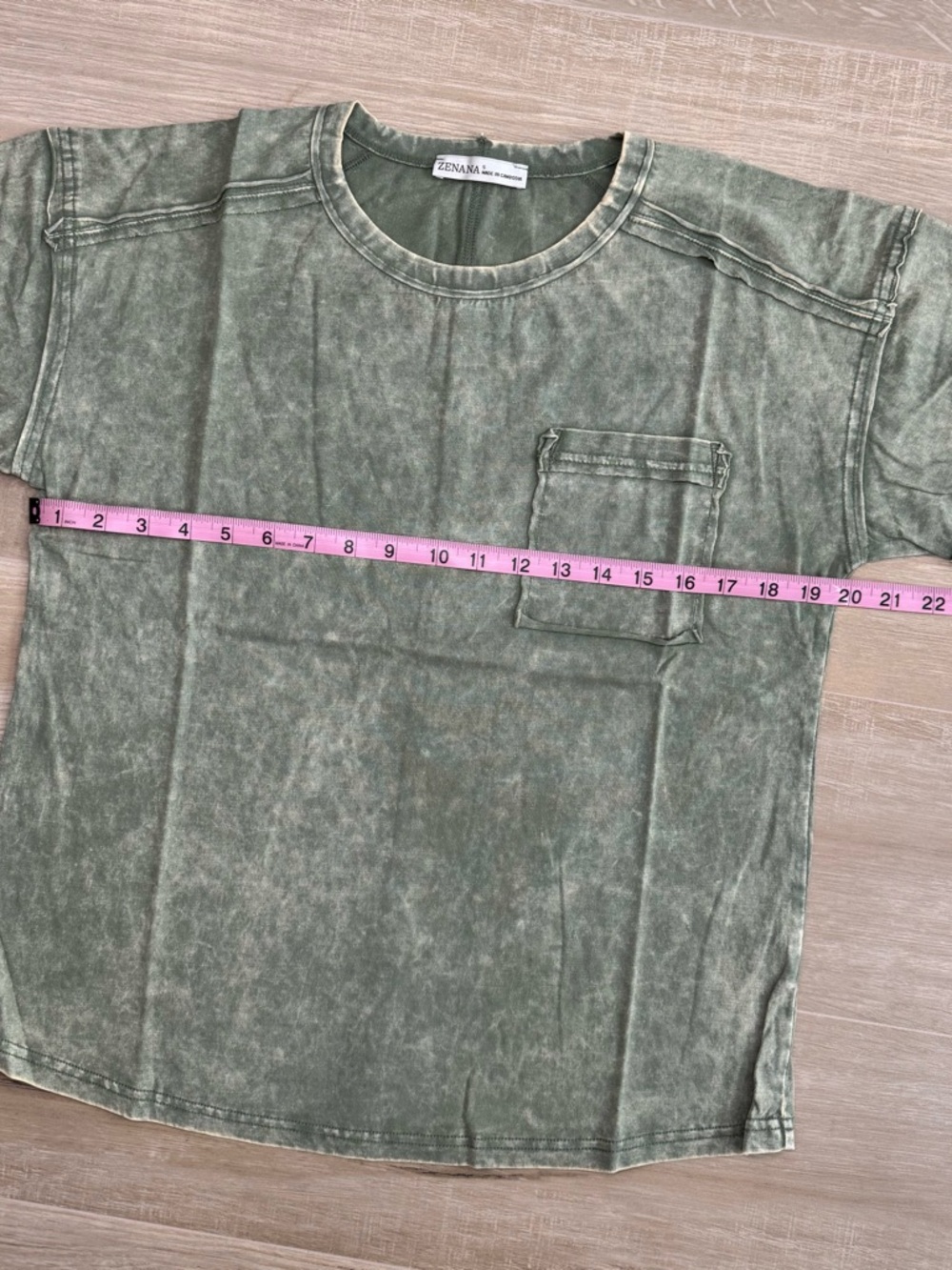 Zenana Washed Olive Green Pocket Tee | Vintage Mineral Wash Relaxed Fit Top NEW - Picture 3 of 3